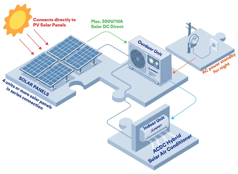 ACDC Hybrid Solar Air Conditioner system diagram: solar panels, outdoor unit, grid AC standby, indoor unit