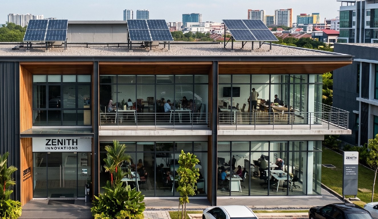 Modern corporate office building with rooftop solar panels