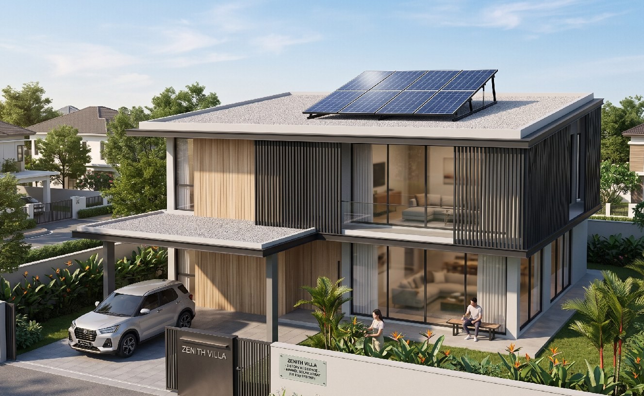 Modern residential villa with rooftop solar panels