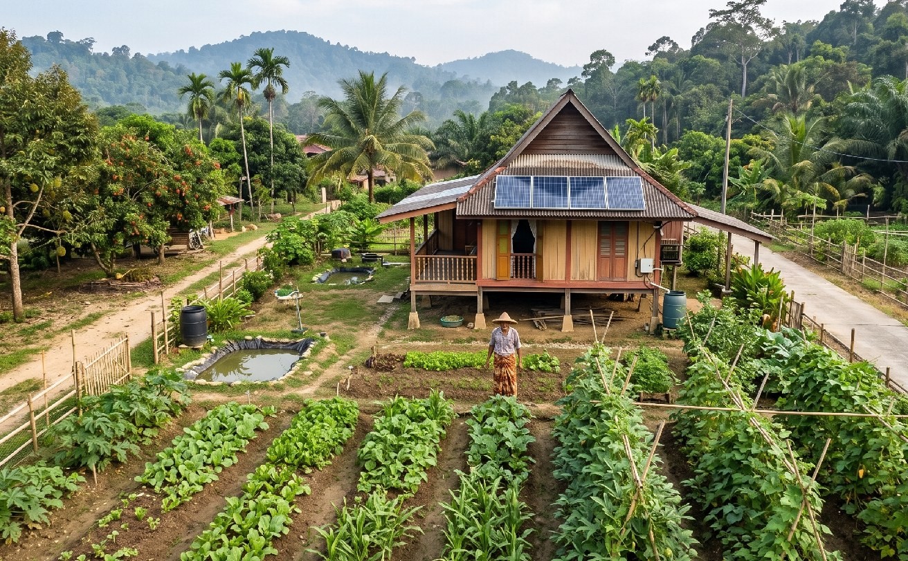 Rural wooden house with solar panels and vegetable garden